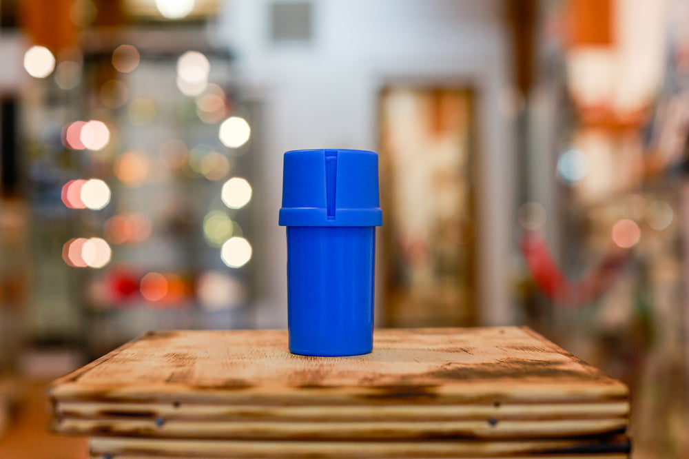 Blue Med-Tainer smell proof plastic grinder